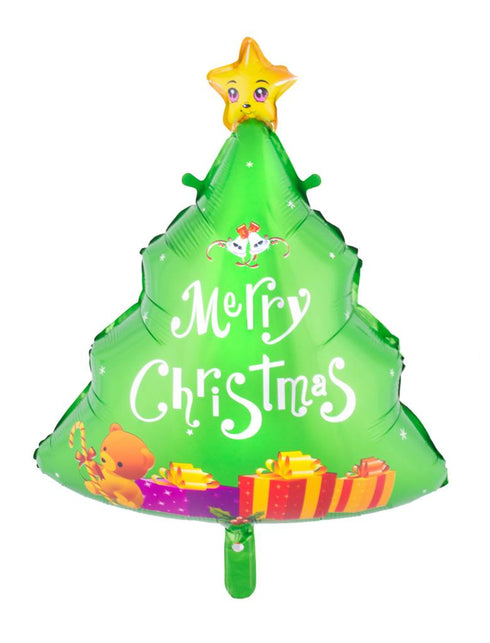 Folie ballon kerstboom Merry Christmas in groen met witte letters, gele ster als piek en cadeautjes onderaan