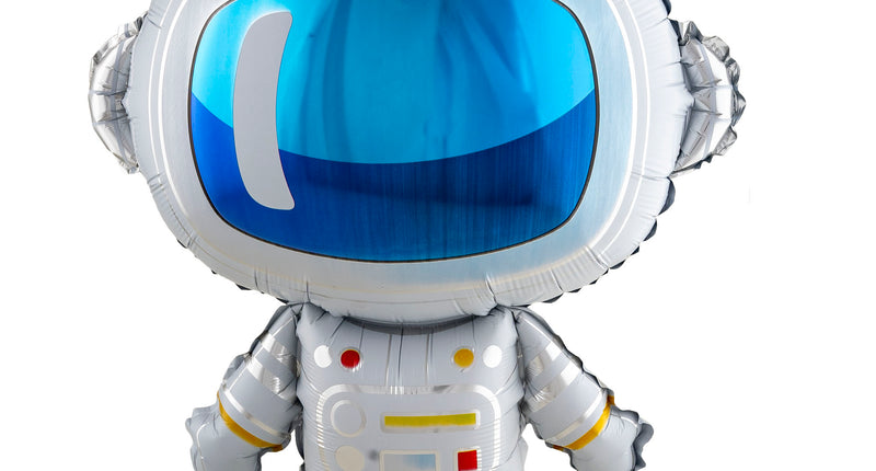 Folieballon astronaut wit met blauw vizier en bedrukt bedieningspaneel voor een ruimtefeest