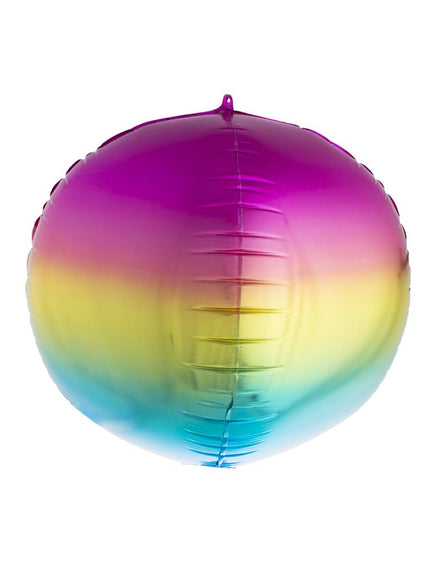 Folieballon bol regenboog van 46 cm met verloop van roze naar geel en turquoise en ophangoogje