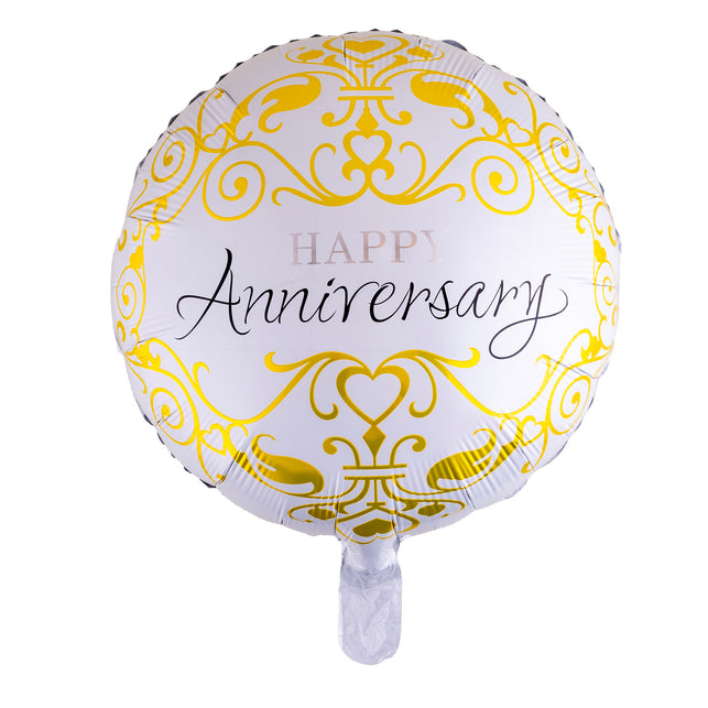 Folieballon Happy Anniversary rond wit met gouden krullen en zwarte sierletters voor een jubileum