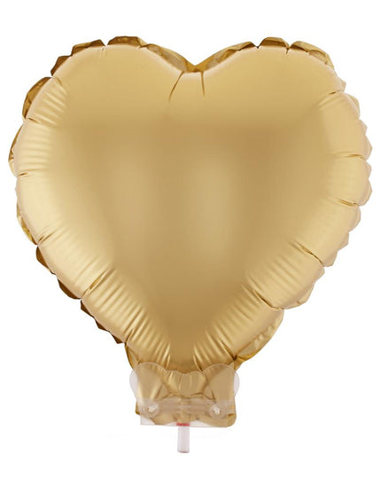 Folieballon hart goud met matte glans en doorzichtig stokje met houder, voor bruiloft of Valentijn