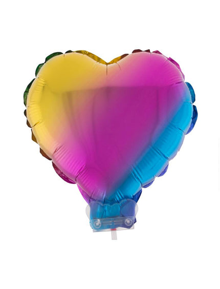 Folieballon hart regenboog van 28 cm met verloop van geel naar roze en blauw op doorzichtig stokje
