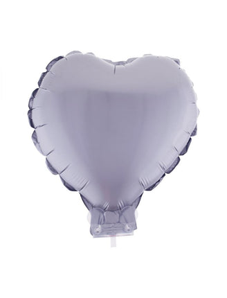 Folieballon hart zilver van 28 x 28 cm met naadribbels en doorzichtig stokje met houder