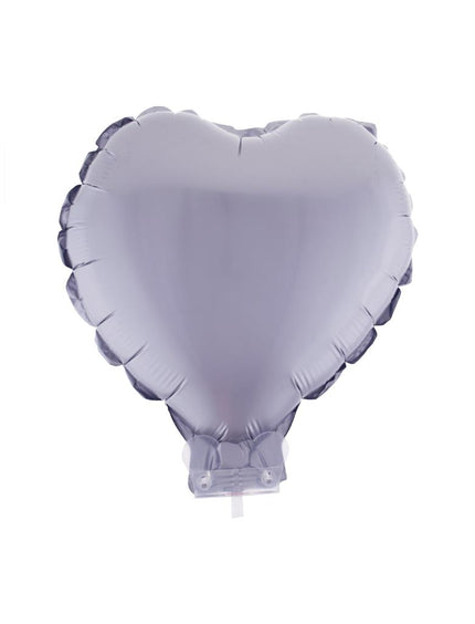 Folieballon hart zilver van 28 x 28 cm met naadribbels en doorzichtig stokje met houder