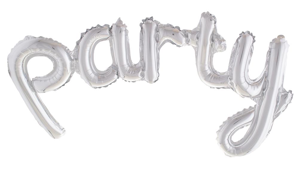 Folieballon party zilver, letterballon met het woord party in schuinschrift van 113 x 46 cm