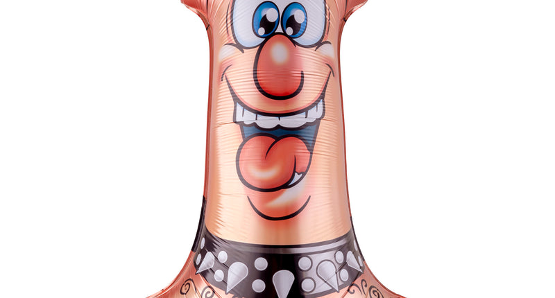 Folieballon penis huidkleur van 57 x 91 cm met lachend gezicht en zwarte spijkerband voor een vrijgezellenfeest