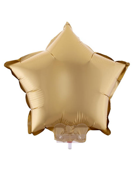 Folieballon ster goud met stokje, vijfpuntige folieballon met satijnglans op doorzichtige houder
