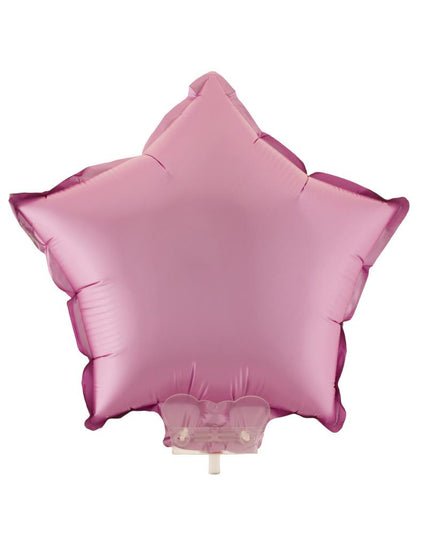 Folieballon ster roze van 28 cm met doorzichtige houder en wit stokje voor een verjaardag