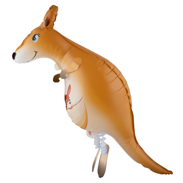 Folieballon wandelende Kangaroo in bruin met crèmewitte buik en babykangoeroe in de buidel