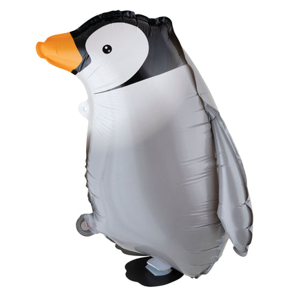 Folieballon wandelende pinguin in grijs, wit en zwart met oranje snavel, staand op twee voetjes