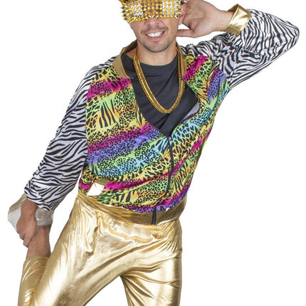 Fout disco jasje Urban gedragen tijdens een foute party, met zebraprint mouwen