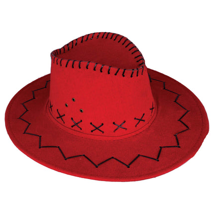 Rode cowboyhoed Daim met een rij zwarte kruissteken als hoedband en een zigzagrand