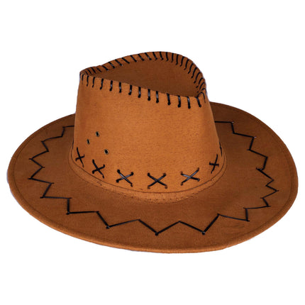 Beige cowboyhoed Daim met zwart zigzagstiksel op de brede rand en kruissteken rond de bol