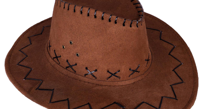 Bruine cowboyhoed Daim met drie metalen oogjes aan de zijkant van de bol, voor een westernfeest