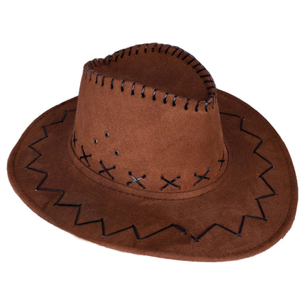 Bruine cowboyhoed Daim met drie metalen oogjes aan de zijkant van de bol, voor een westernfeest
