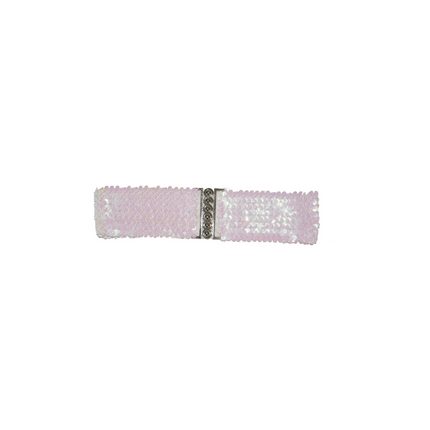 Witte paillettenriem met parelmoerglans en lichtroze gloed, elastische band met slot