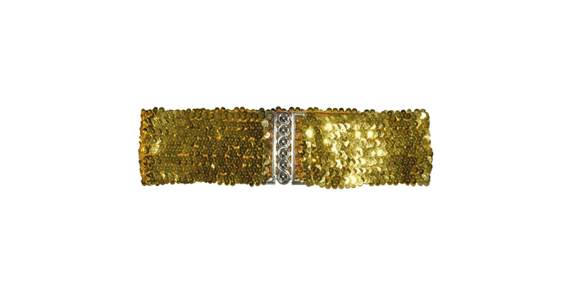 Gouden riem met pailletten in dichte rijen en een zilverkleurig haakslot voor een discofeest