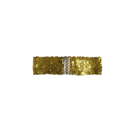 Gouden riem met pailletten in dichte rijen en een zilverkleurig haakslot voor een discofeest