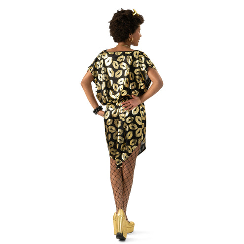 Funny Fashion Zwart jurkje met gouden kus mondjes dames