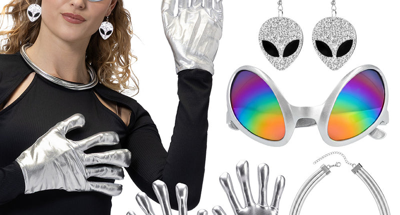 Galactic alien verkleedset in zilver: regenboogbril, glitterclips, alien-oorhangers, ketting en vingerhandschoenen