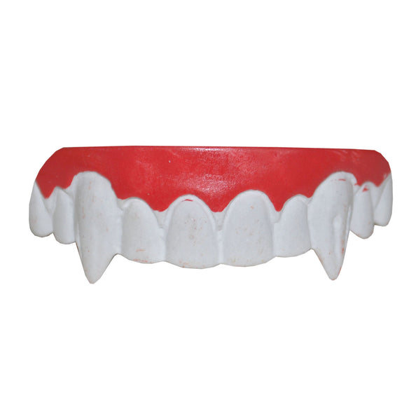 Gebit vampier Gregor met witte tanden, twee puntige hoektanden en rood tandvlees voor Halloween