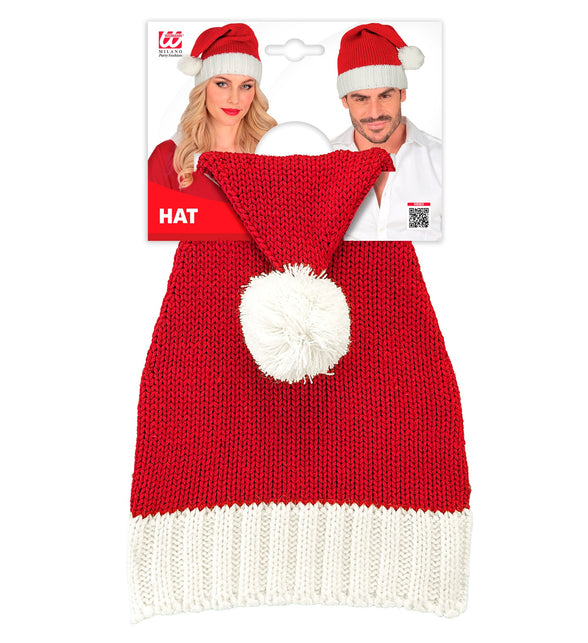 Gebreide kerstmuts rood wit in verpakking met afbeelding van dame en heer