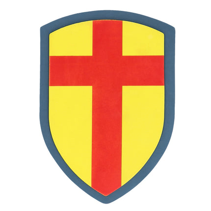 Geel schild van de ridderset met rood kruis en blauwgrijze rand, van schuimrubber