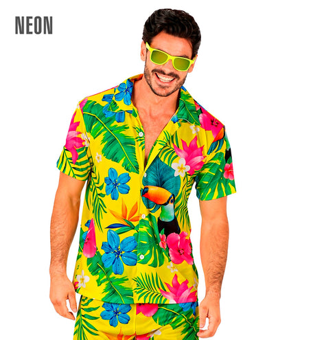 Geel toekanshirt heren met neonkleurige bloemenprint voor een tropisch themafeest