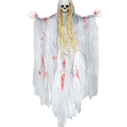 Geest met bloed besmeurd met gespreide skelethanden en gerafelde zoom als halloweendecoratie