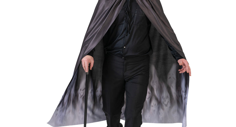 Geesten cape volwassenen in zwart met puntkap en witte spookprint langs de zoom, voor Halloween