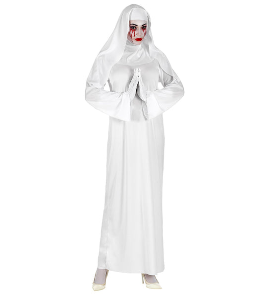 Geestige non jurk in wit met sluier en witte handschoenen, voor Halloween