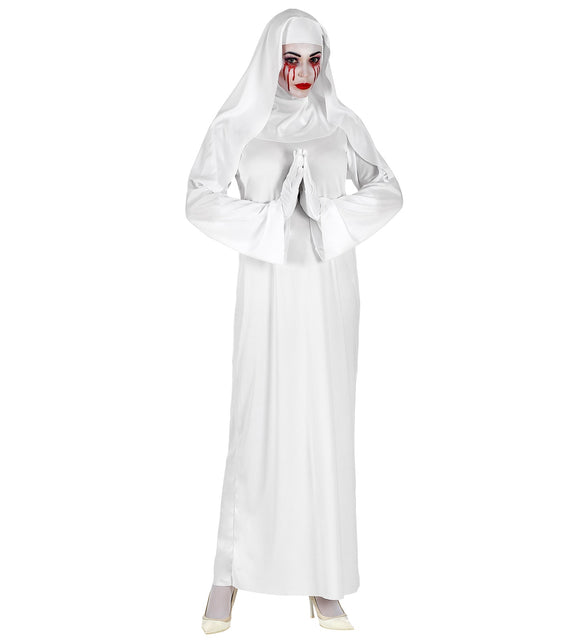 Geestige non jurk in wit met sluier en witte handschoenen, voor Halloween