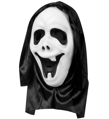 Geestmasker met kap, wit spookgezicht met zwarte kap en open mond, voor Halloween