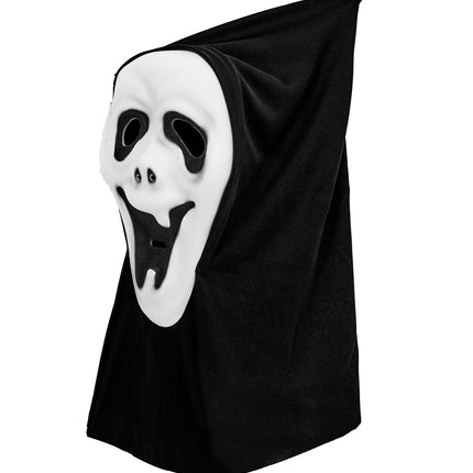 Geestmasker met kap van de zijkant, zwart gearceerde oogholtes en langgerekte mond