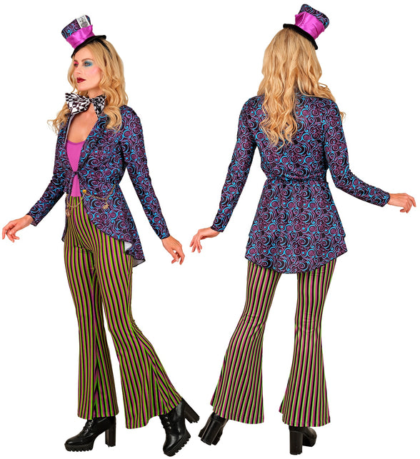 Gekke Hatter kostuum dames achterkant met krulprint en getailleerde taille