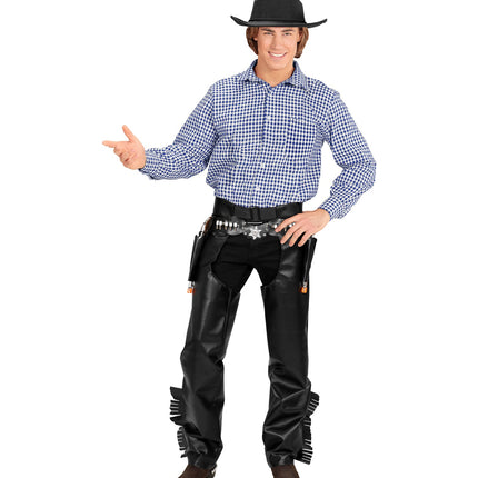 Geruit shirt Gustav blauw-wit met lange mouwen, gecombineerd met zwarte cowboyhoed