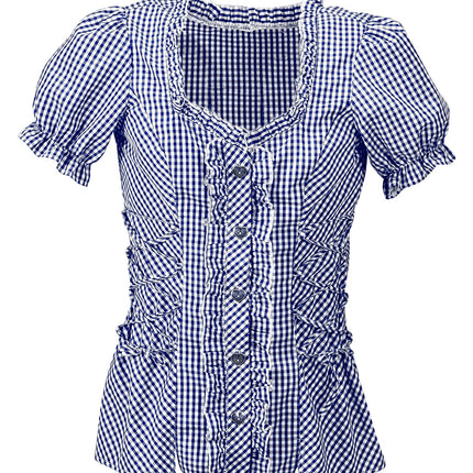 Geruite blouse Katja van dichtbij: fijn ruitdessin, ruches en hartvormige knopen