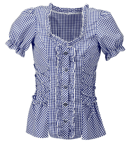 Geruite blouse Katja van dichtbij: fijn ruitdessin, ruches en hartvormige knopen