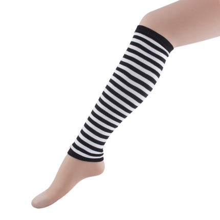 Gestreepte beenwarmers zwart wit 45cm om de kuit, horizontale strepen met zwarte boord