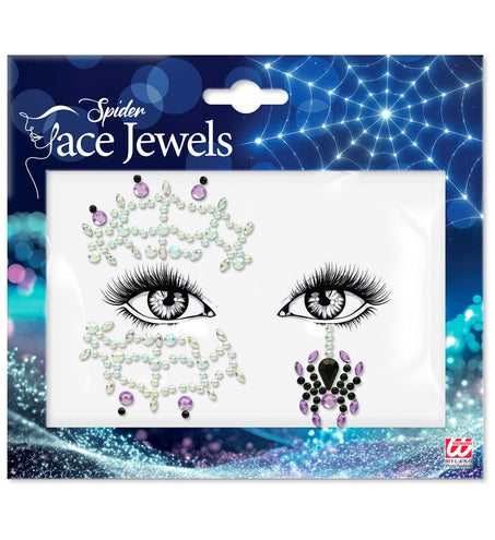 Gezichtsdecoratie spinnenweb en spin Evae in verpakking met heldere, paarse en zwarte steentjes