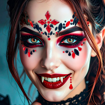 Gezichtsdecoratie vampier Noah gedragen bij vampierlook met rode lippen voor Halloween