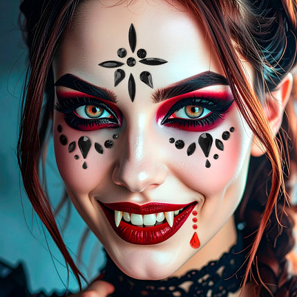 Gezichtsdecoratie vampier Nora op model met bleke huid en rode lippen voor Halloween