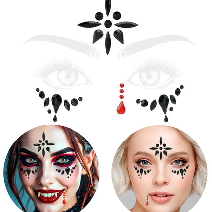 Gezichtsdecoratie vampier Nora: plaatsingsschema van de steentjes met twee voorbeeldlooks
