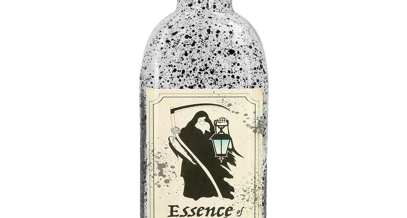 Glazen flesje Essence of death XL met zwart gespikkeld glas en etiket met magere Hein, decoratie voor Halloween