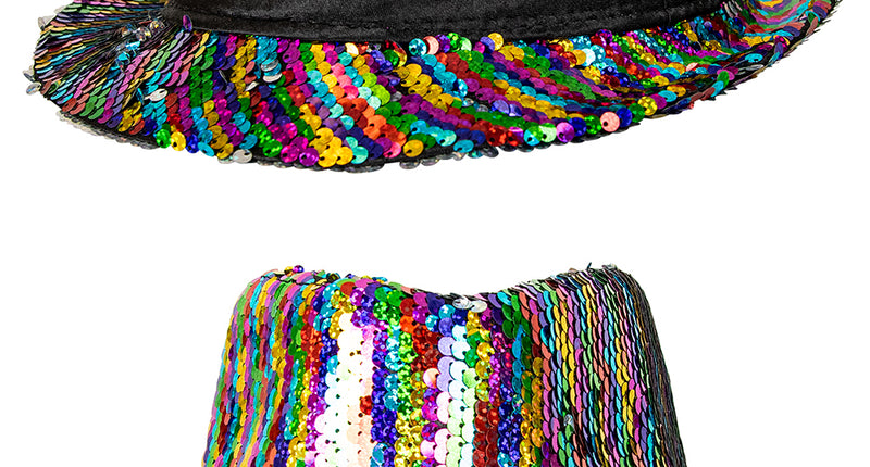 Gleufhoedje met multicolour pailletten en zwarte hoedband, van voren en van de zijkant