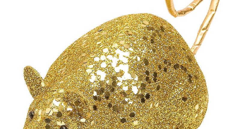 Glitter muis goud 12cm met glitterschilfers, zwarte kraaloogjes en opgekrulde foliestaart als tafeldecoratie