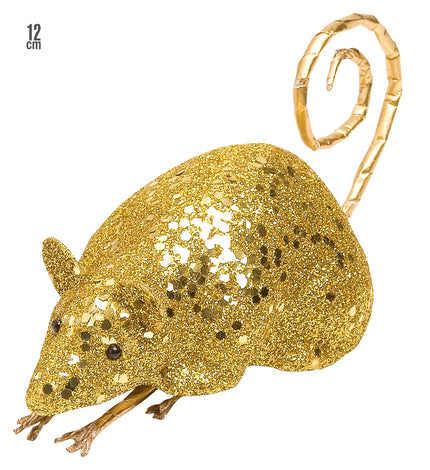 Glitter muis goud 12cm met glitterschilfers, zwarte kraaloogjes en opgekrulde foliestaart als tafeldecoratie