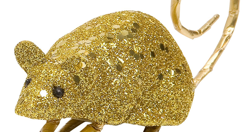 Glitter muis goud met fijne goudglitter, zwarte oogjes, ronde oortjes en een in een lus krullende staart