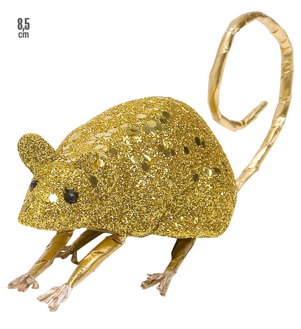 Glitter muis goud met fijne goudglitter, zwarte oogjes, ronde oortjes en een in een lus krullende staart