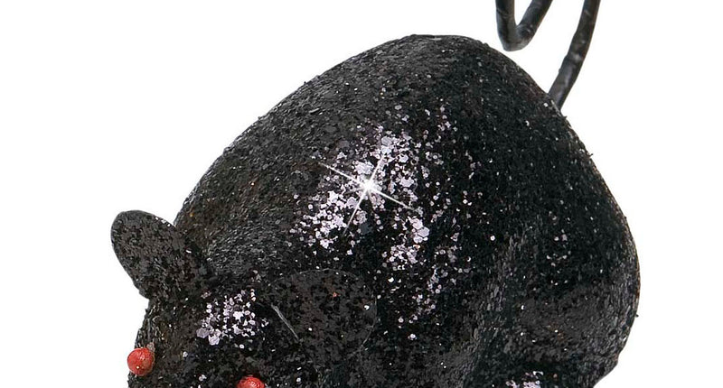 Glitter muis zwart met rode oogjes, kleine oortjes en een opgekrulde staart als halloweendecoratie
